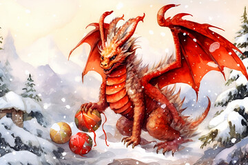 Red beautiful dragon on white winter background with Christmas decorations. Chinese New Year of Dragon. Watercolor illustration - obrazy, fototapety, plakaty