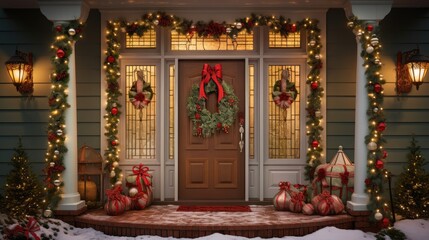 a front porch decorated for christmas with a wreath and wreaths on the front door and wreaths on the side of the door.