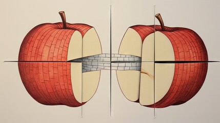  a drawing of a red apple with a piece cut out to show the inside of it's outer half.