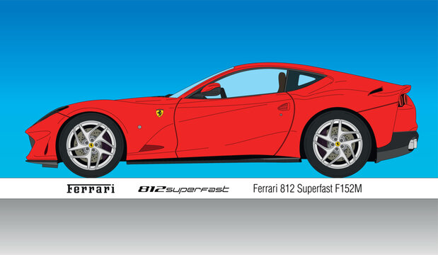 MARANELLO, MODENA, ITALY, YEAR 2017 - Ferrari 812 Superfast model sportcar, silhouette outlined, vector coloured illustration