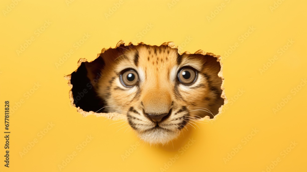 Wall mural  a small tiger cub peeks out of a hole in a yellow wall with it's head sticking out of it's side and looking at the camera.