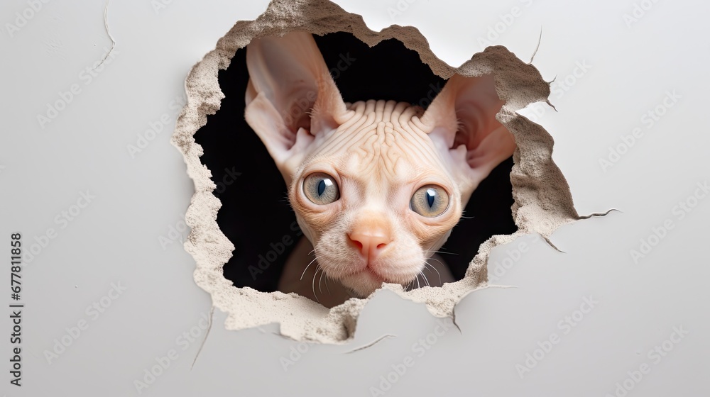 Poster a close up of a cat looking out of a hole in a wall with a hole in it that has been ripped open to r