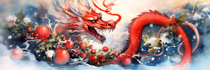 Furious mystical red dragon and Christmas decorations. Banner Chinese New Year of Dragon. Watercolor illustration