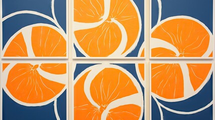  a set of four oranges on a blue and white background, each with a single orange cut in half.