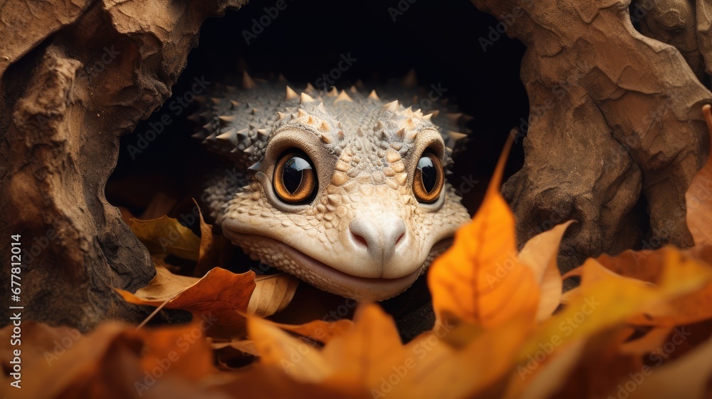 Poster a close up of a lizard peeking out of a hole in a tree trunk with leaves around it and a tree trunk 