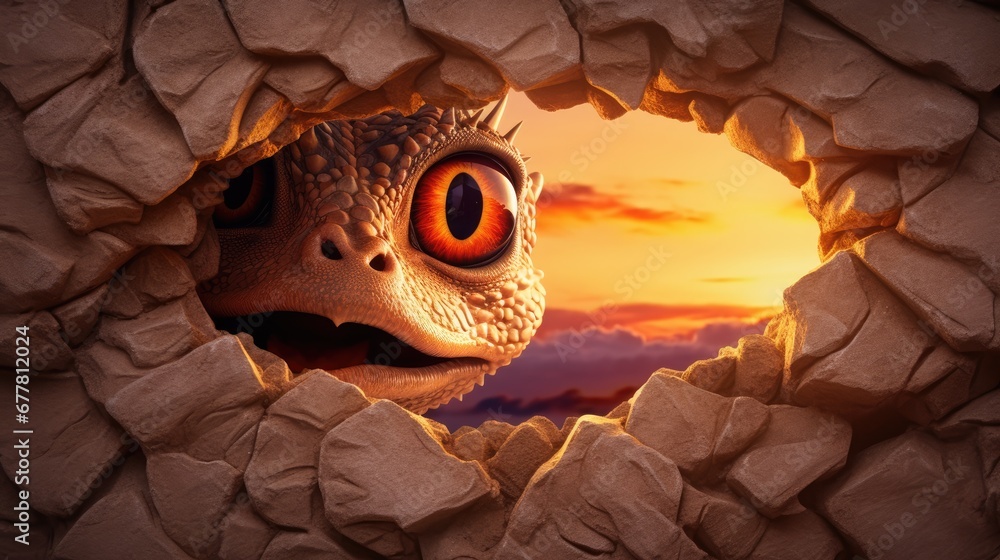 Poster a close up of a dragon's face through a crack in a rock wall with the sun setting in the sky in the 