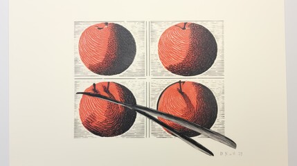 Fototapeta premium a pair of scissors sitting on top of a piece of paper with a picture of three oranges on it.