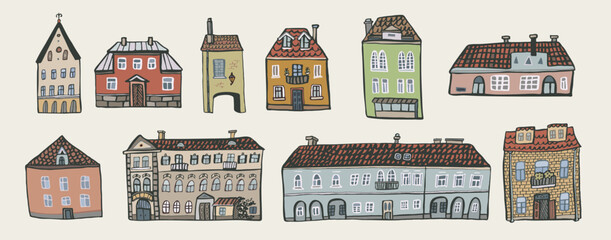 European houses vector illustartions set. - obrazy, fototapety, plakaty