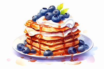 Watercolor illustration of stack of delicious waffles with whipped cream, syrup and blueberries on plate on white background - obrazy, fototapety, plakaty