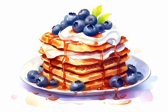 Watercolor illustration of stack of delicious waffles with whipped cream, syrup and blueberries on plate on white background