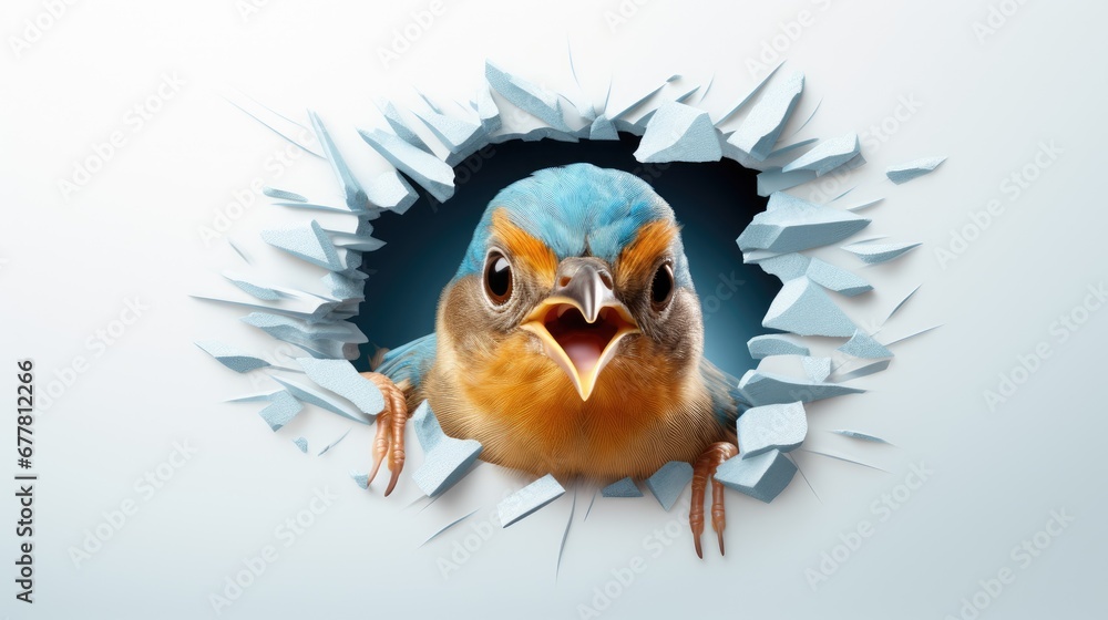Poster a close up of a bird looking through a hole in a wall with a hole in the middle of it that has a bir