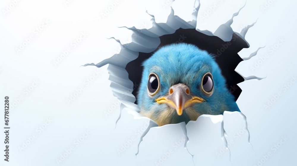 Poster a close up of a blue bird looking through a hole in a wall with a hole in the side of it that has a 
