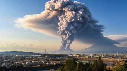 Ash column after explosive volcanic eruption, over a city in the daytime sky.