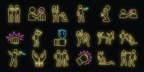 Violence abuse icons set. Outline set of violence abuse vector icons neon color on black - obrazy, fototapety, plakaty