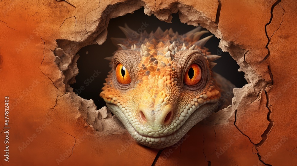 Poster a close up of a gecko looking out of a crack in a wall with a hole in the middle of it that has a li