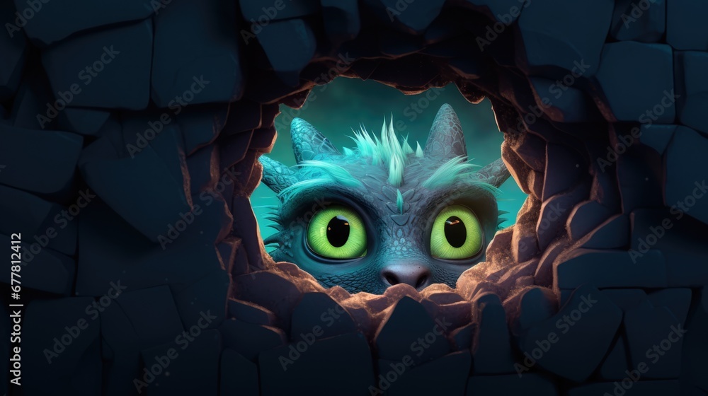 Poster a close up of a cat's face through a hole in a rock wall with a background of smaller rocks and a sm