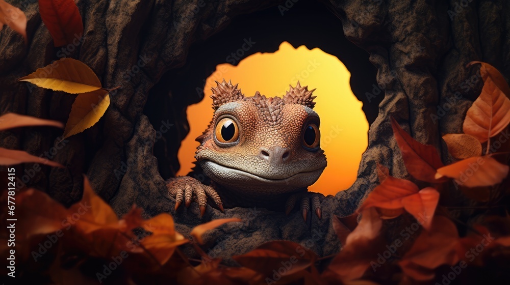 Poster a close up of a lizard looking out of a hole in a tree with leaves on the ground and a yellow sky in