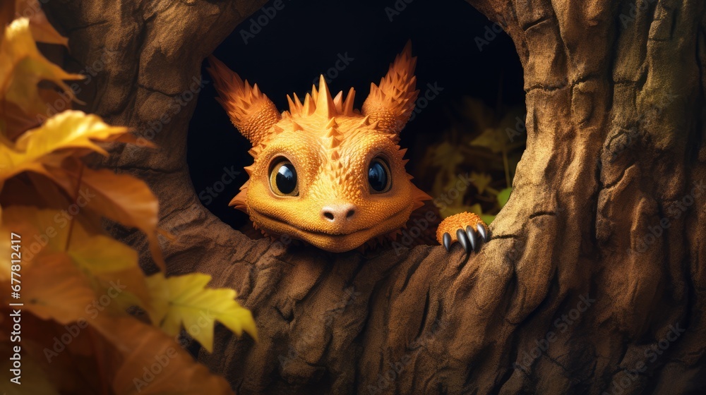 Poster a close up of a stuffed animal in a tree with leaves in the foreground and a tree trunk in the backg