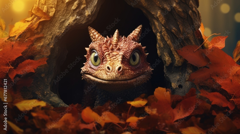 Poster a close up of a lizard peeking out of a hole in a tree with leaves on the ground and a background of