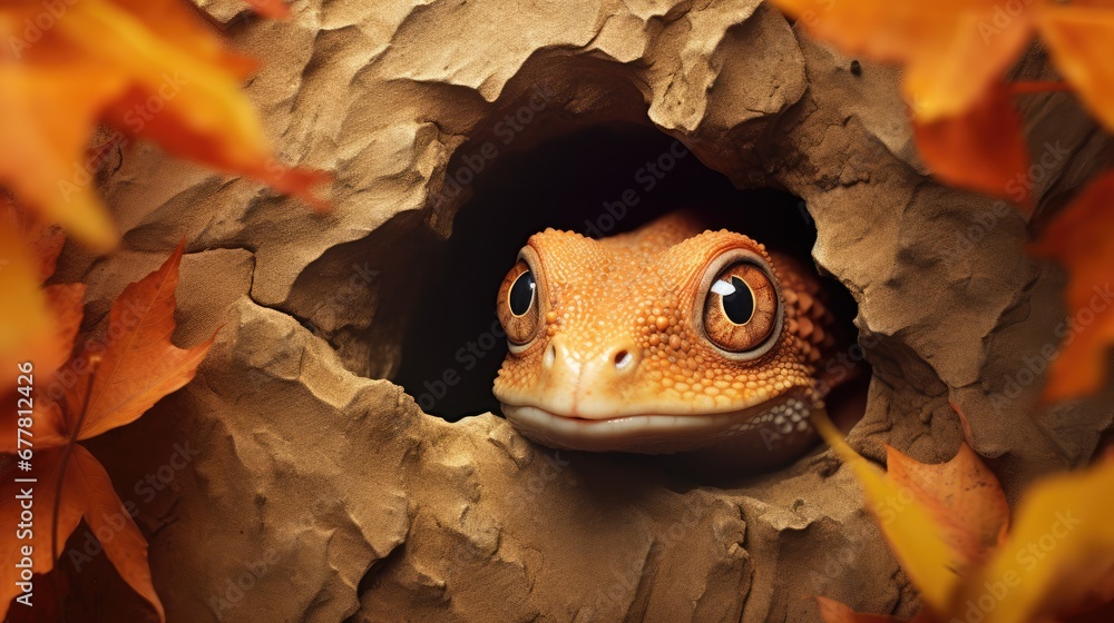 Poster a close up of a lizard poking its head out of a hole in the bark of a tree with leaves on the ground
