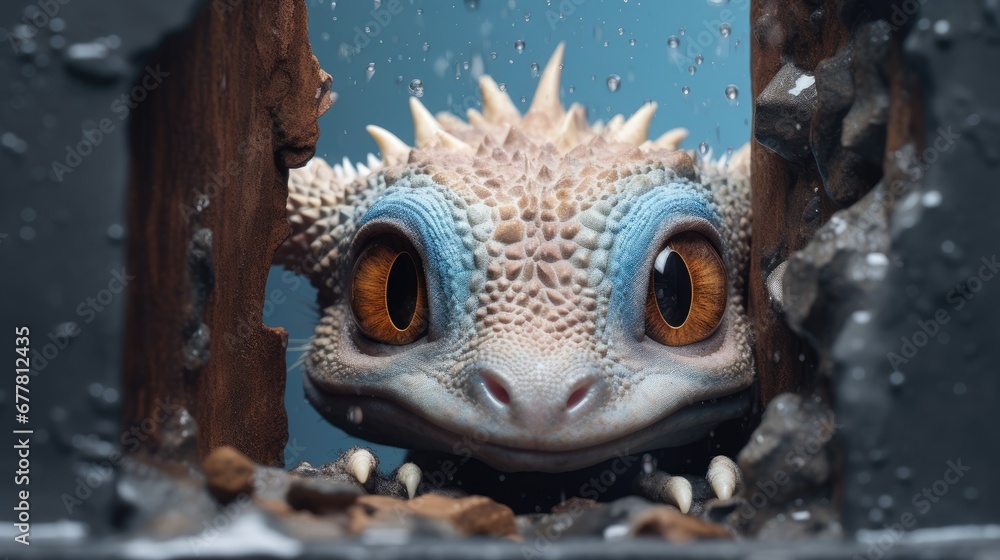 Poster a close up of a lizard's face through a hole in a wall with drops of water on the window and behind 