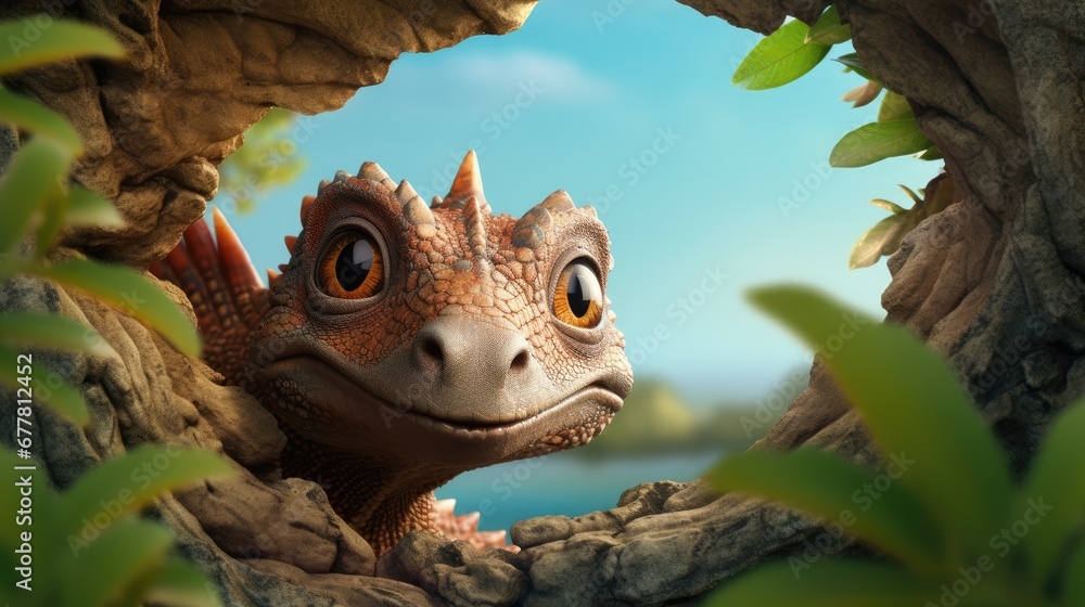 Poster a close up of a small lizard in a tree with a body of water in the back ground and a blue sky in the