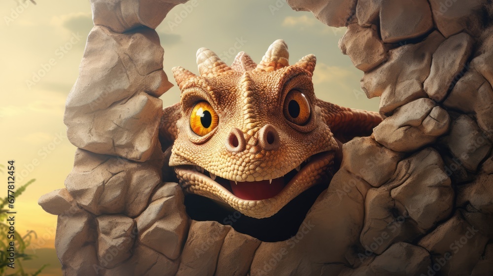 Poster a close - up of a lizard's face peeking out from behind a rock wall with palm trees in the backgroun