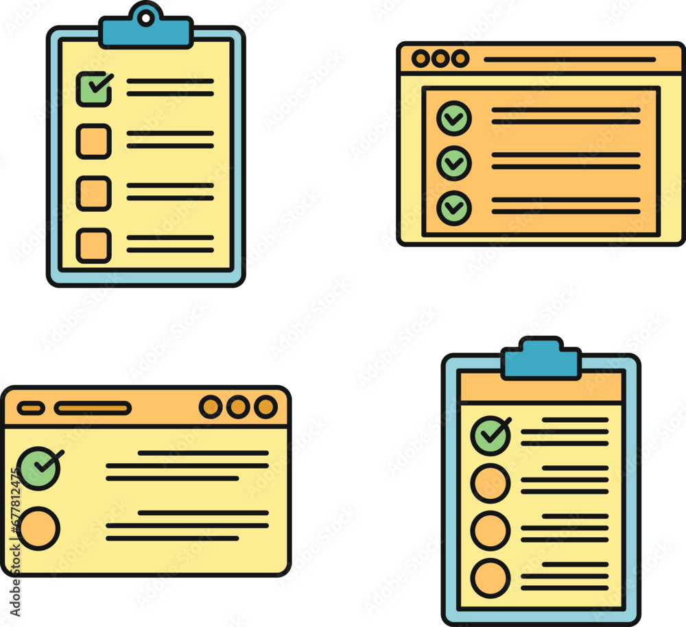 Poster checklist test icons set. outline set of checklist test vector icons thin line color flat on white