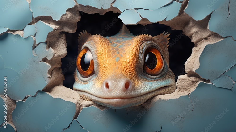 Poster a close up of a gecko looking out of a crack in a wall with a hole in the middle that has a hole in 