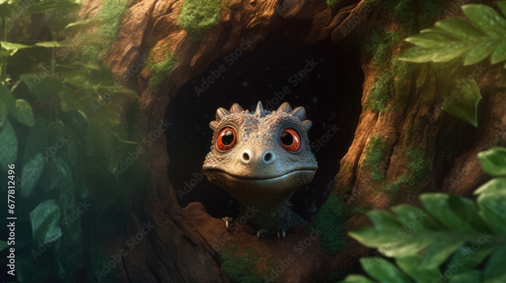 Poster a close up of a gecko in a tree with a light shining on it's face and a tree trunk with green leaves