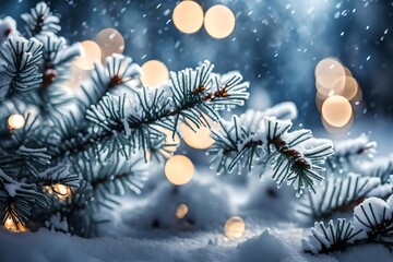 Fototapeta na wymiar Christmas Holiday background with snow, fir tree and decorations with Christmas light behind 