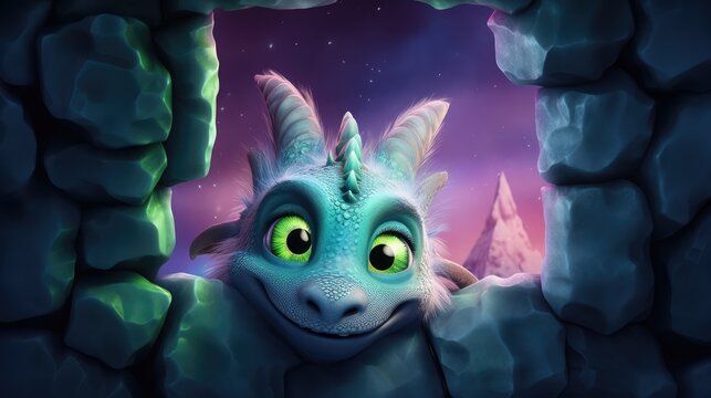  a close up of a dragon looking out of a hole in a rock wall with a purple sky in the background and stars in the sky in the middle of the background.