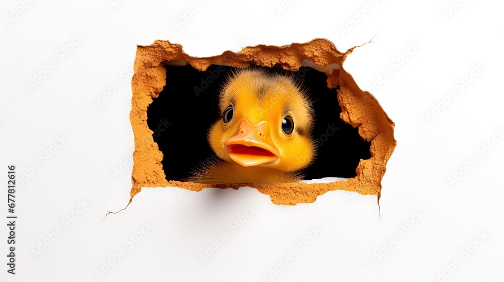 Poster a close up of a hole in a wall with a yellow duckling looking at the camera with a surprised look on