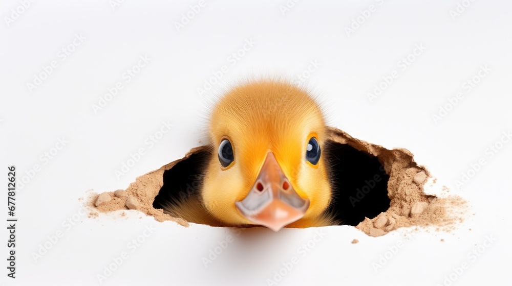 Poster a close up of a duckling poking its head out of a hole in the side of a white wall with dirt on the 