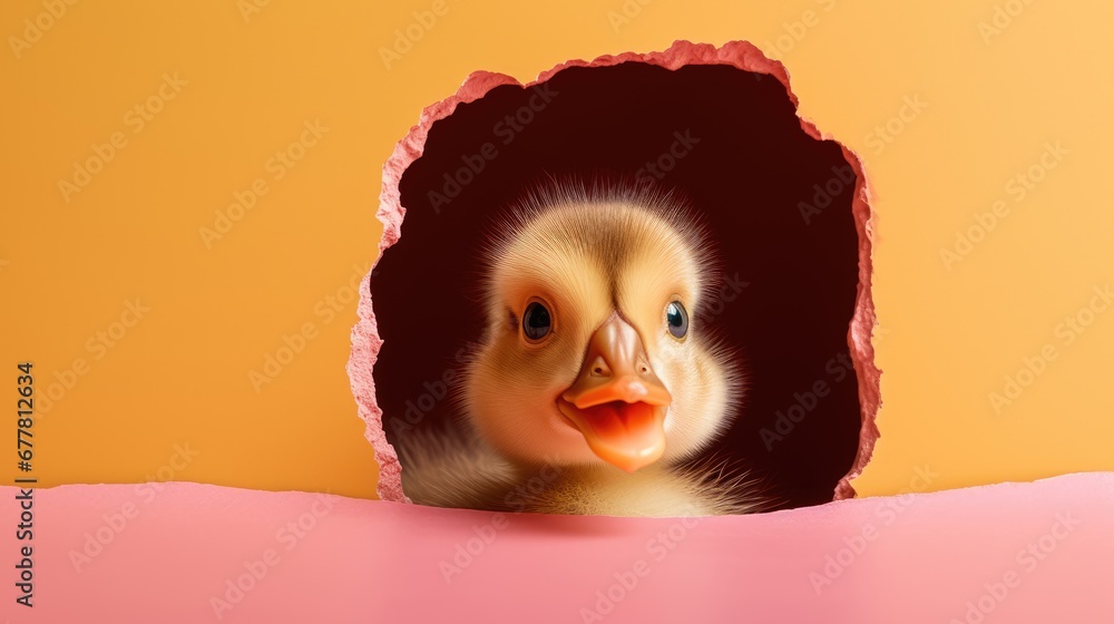 Poster a close up of a duckling looking out of a hole in a wall with an orange background and a pink surfac