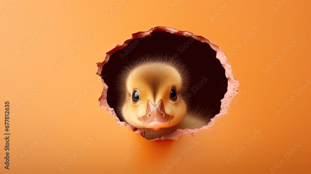 Poster a little duckling peeks out of a hole in a paper on an orange background with a shadow of the duckli