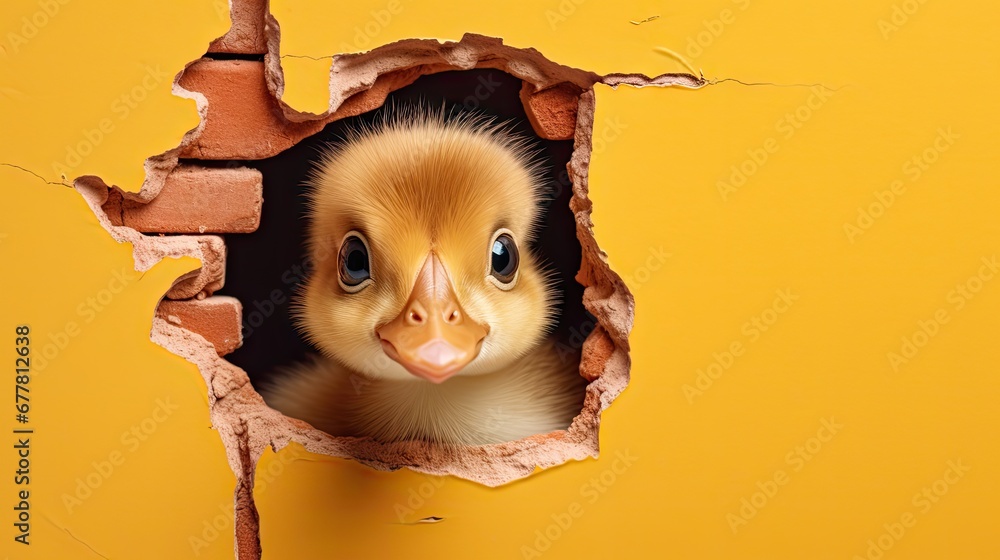 Poster a close up of a duck looking out of a hole in a wall with a hole in the wall with a duckling on it's