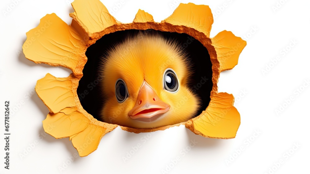 Poster a close up of a bird looking out of a hole in the side of a wall with a leafy design on it's face an