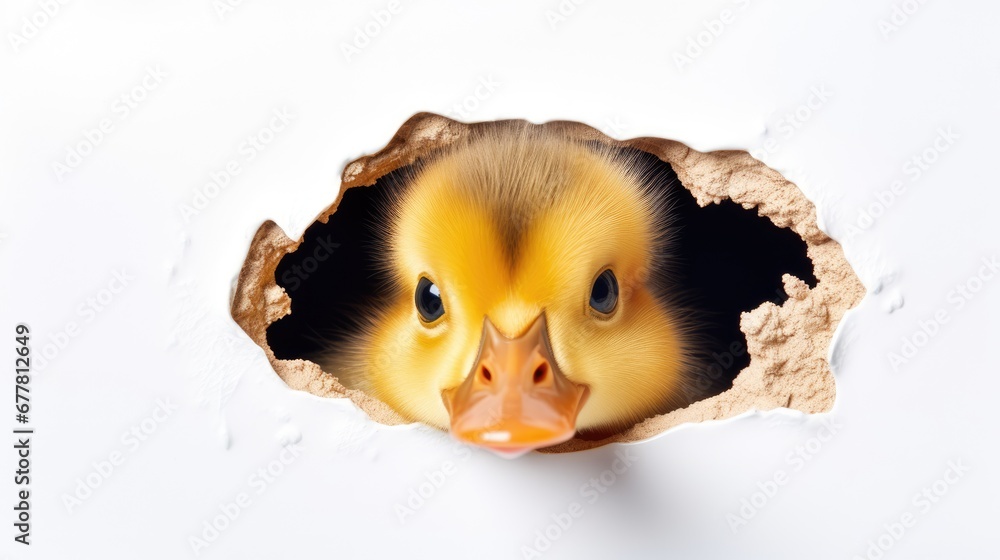 Poster a close up of a duckling poking its head out of a hole in a piece of paper that has been torn open t