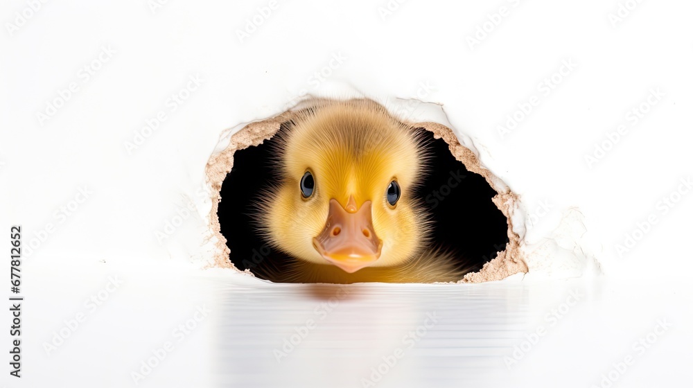 Poster a close up of a duckling looking out of a hole in a white wall with a reflection of its head on the 