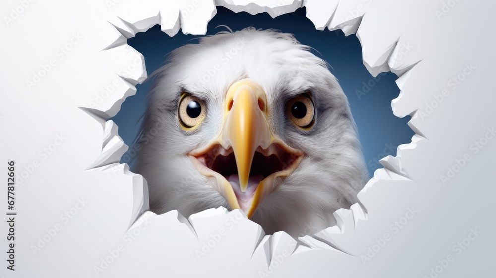 Poster a close up of an eagle's face through a hole in a sheet of paper with the background of the image of