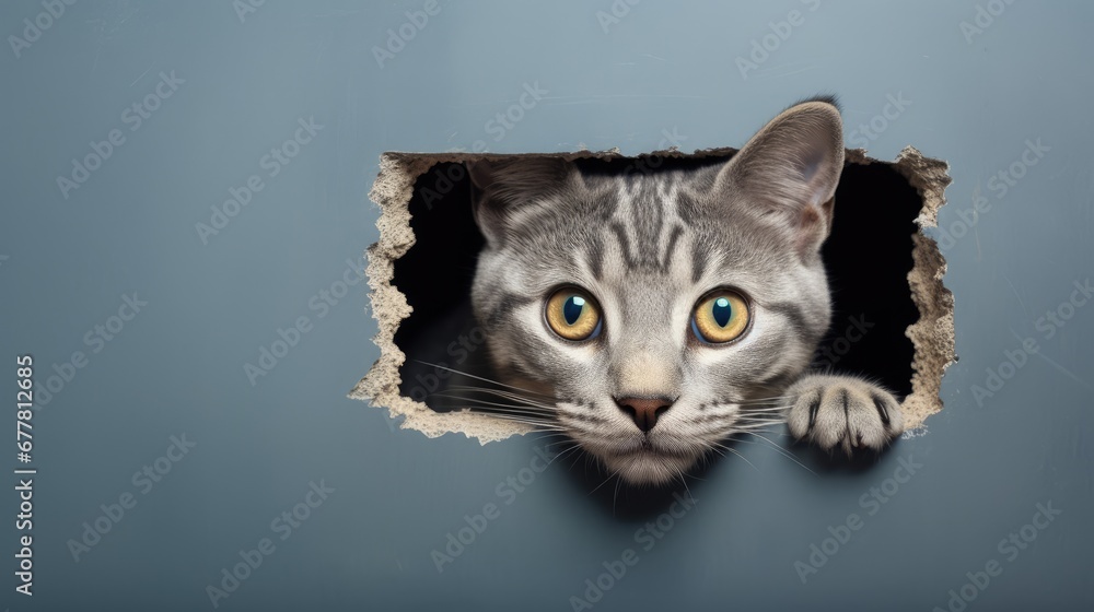 Poster a close up of a cat looking out of a hole in a wall with it's paw on the side of the hole and it's f
