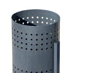 Steel empty trash can. Garbage bin in city park.