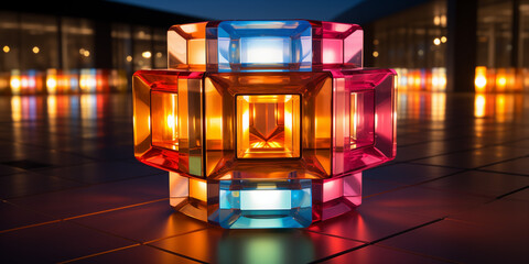 Viele wunderschöne bunte leuchtende Glas Würfel in 3D als Hintergundmotiv im Querformat für Banner, ai generativ