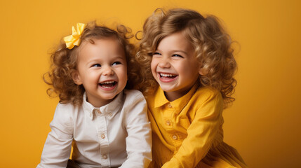 cheerful children, boy and girl on a colored background in the studio, brother and sister, child, kid, toddler, childhood, portrait, face, emotional, expression, joy, friends, happiness, baby, clothes