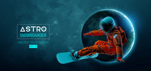 Abstract silhouette of a snowboarding in space action and Earth, Mars, planets on the background of the space. The snowboarder man doing a trick. Carving. Vector 3d render illustration