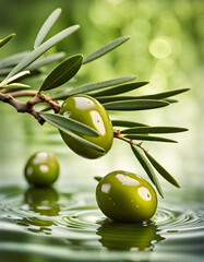 Natural view of falling of some olive from olive branch to lake of olive oil liquid