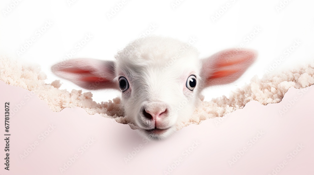 Poster a close up of a sheep's face peeking out from behind a piece of paper with a hole in the middle of t