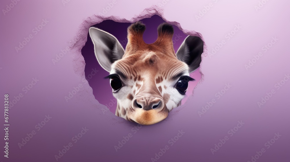 Poster a close up of a giraffe's face with a hole in the middle of the middle of the image, with a backgrou