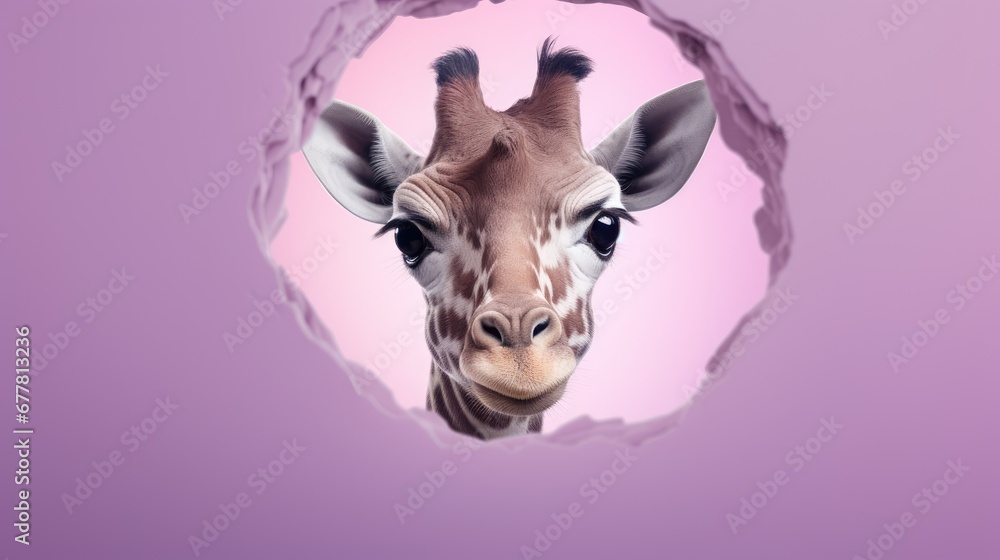 Poster a close up of a giraffe's face through a hole in a pink background with a circular hole in the middl